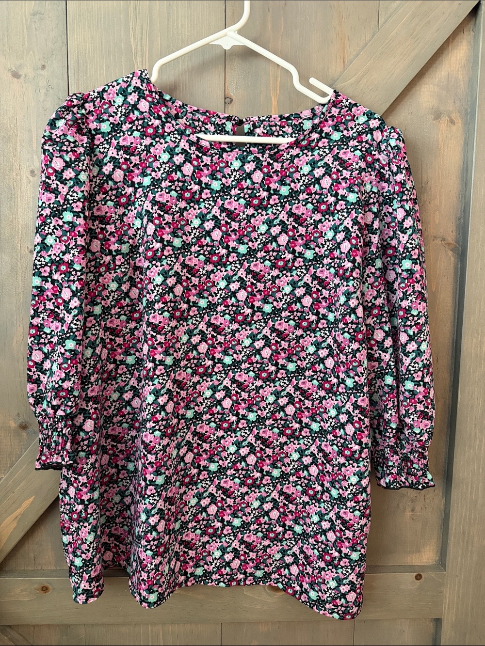 SHEIN Pink Floral Puff-Sleeve Girls' Dress with Mint Accents